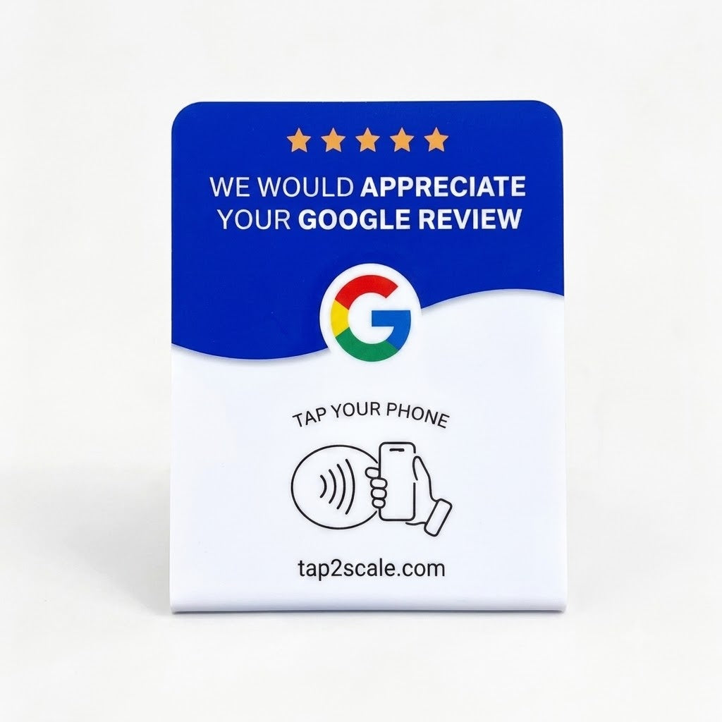 Tap2scale free-standing acrylic Google review stand, front view
