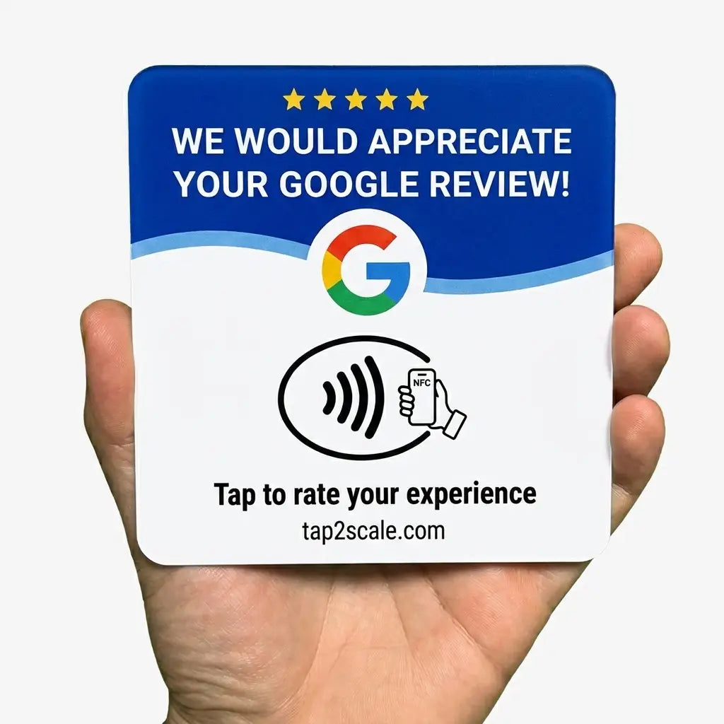 Tap2scale NFC Google review plaque displayed on a wooden shelf